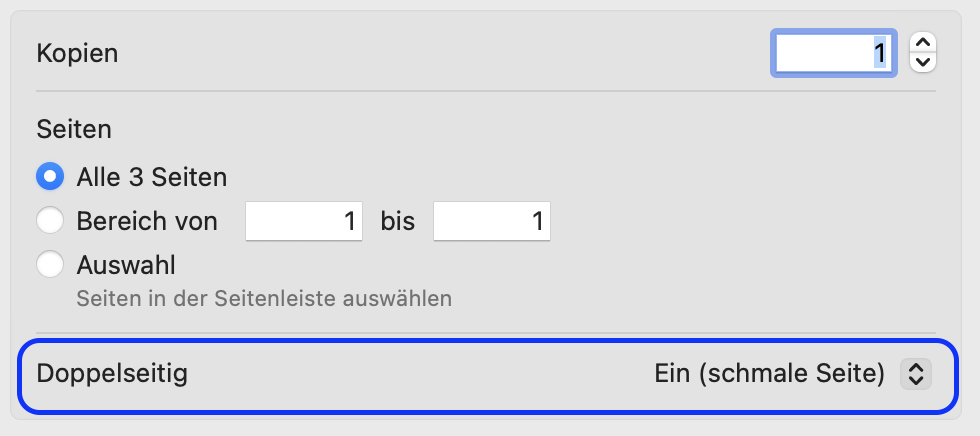 Apple Druckdialog. Die Option »Doppelseitig« und »schamle Seite« ist ausgewählt.