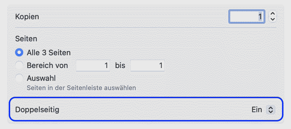 Apple Druckdialog. Die Option »Doppelseitig« ist ausgewählt.