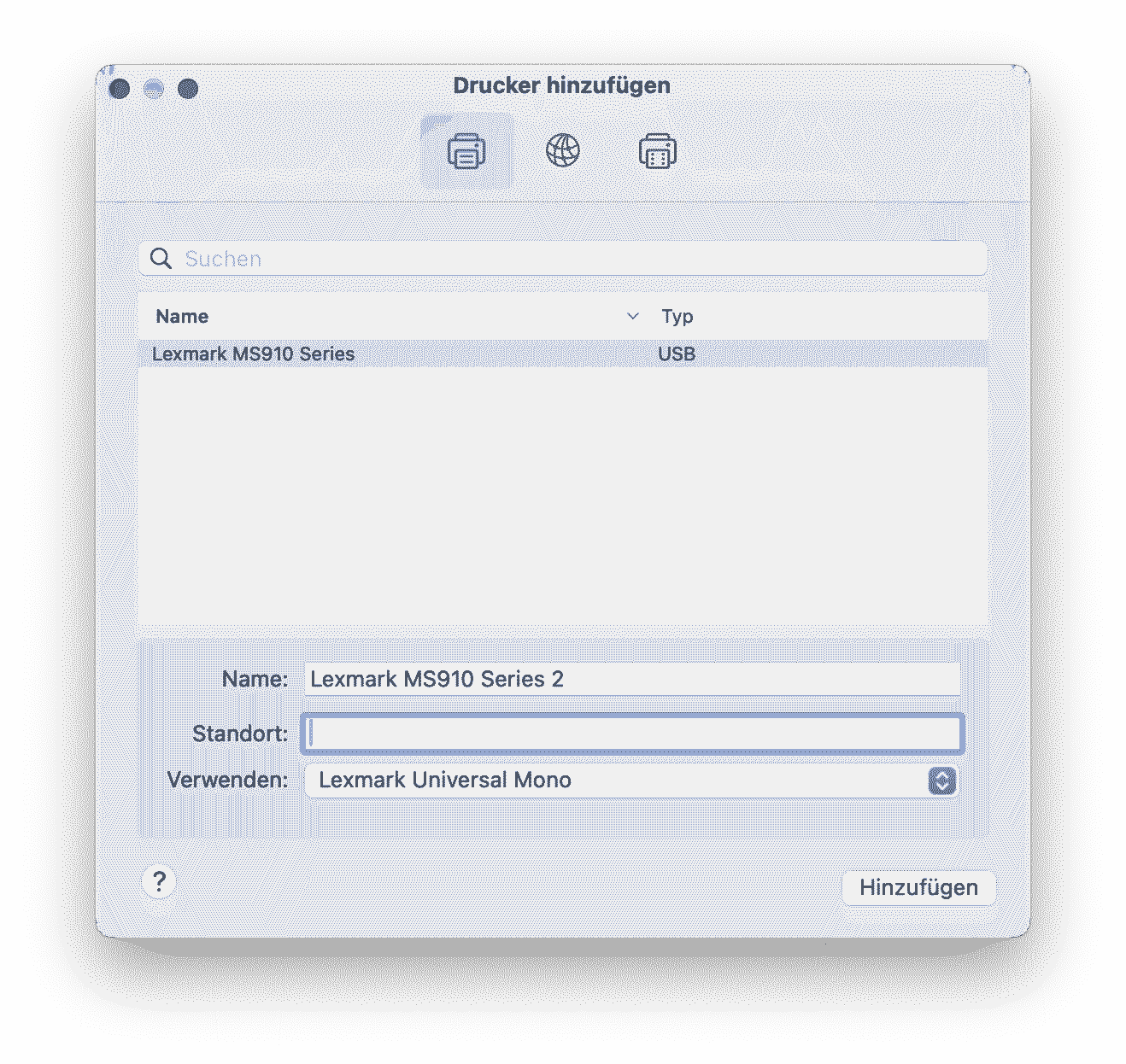 Ein Fenster der macOS-Systemeinstellungen. Der Drucker Lexmark MS910 Series ist ausgewählt und der Treiber »Lexmark Universal Mono« wird verwendet.