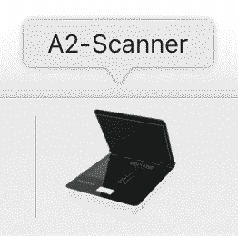 Ein Icon im Dock von macOS, das den Scanner zeigt. Darüber das Label: A2-Scanner.
